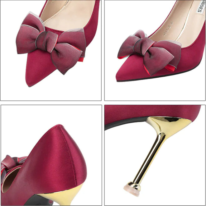 Eleganti scarpe col tacco alto in raso con punta affilata e fiocco