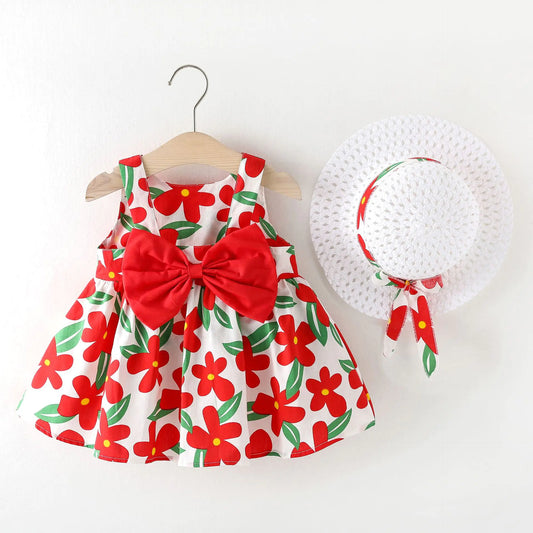 Abito estivo da principessa per bambine con fiocco e cappello